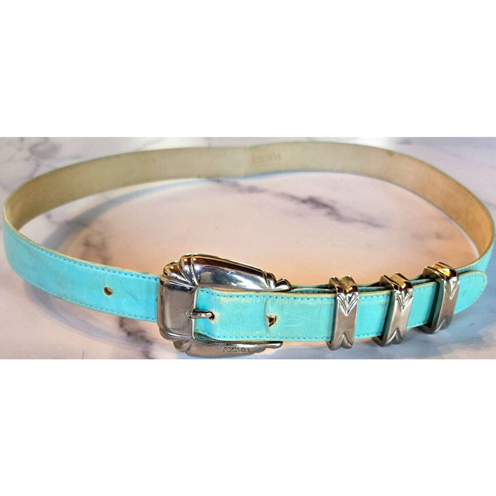 Vintage 80s ESCADA Womens Belt Leather Sky Blue Silver Western Italy 40 Med/Lg